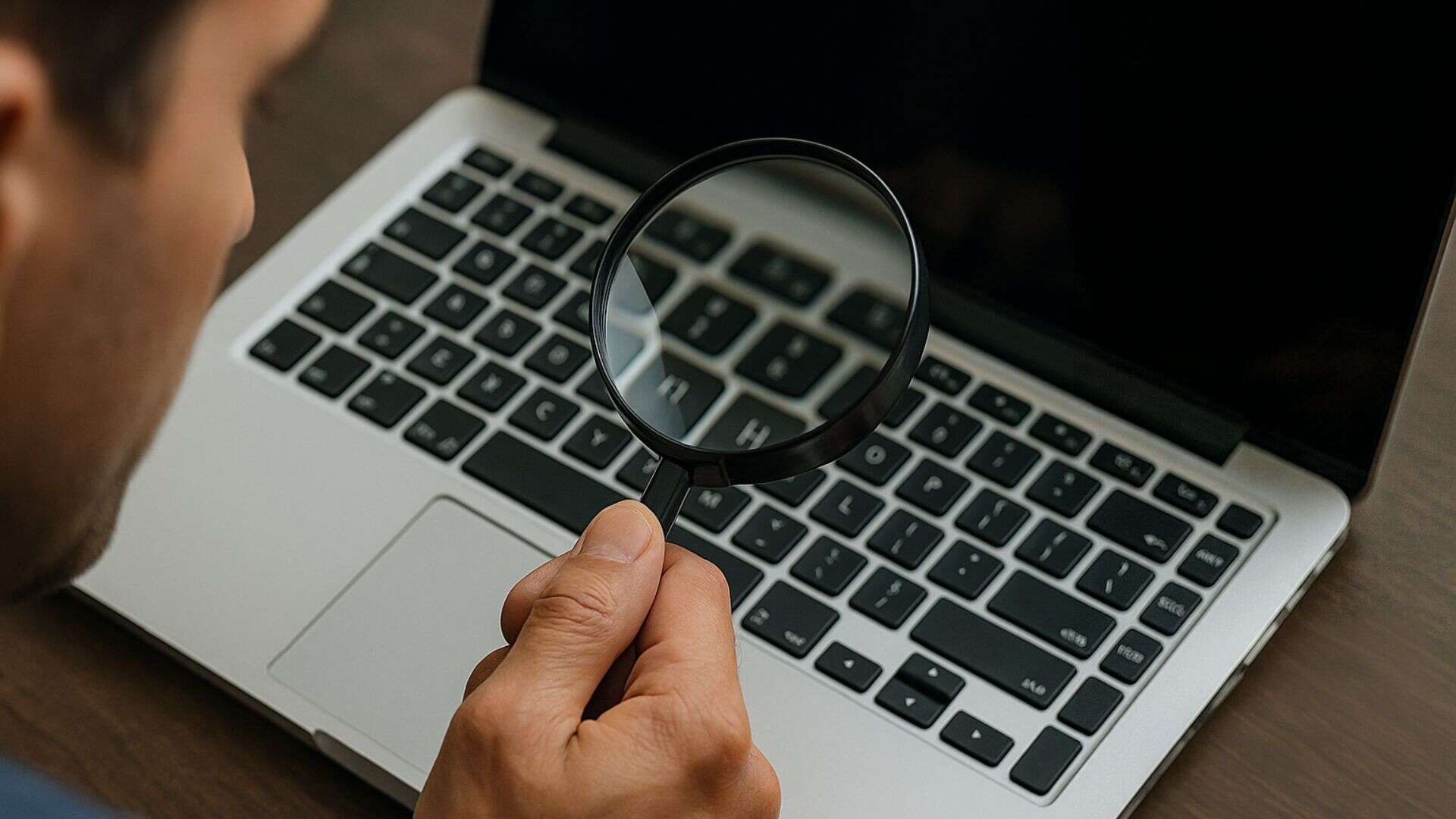 A man on a laptop with a magnifying glass conducting keyword research for Personal Injury SEO
