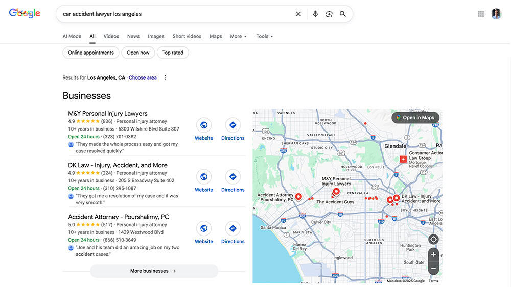 Google Map Pack results of personal injury lawyers