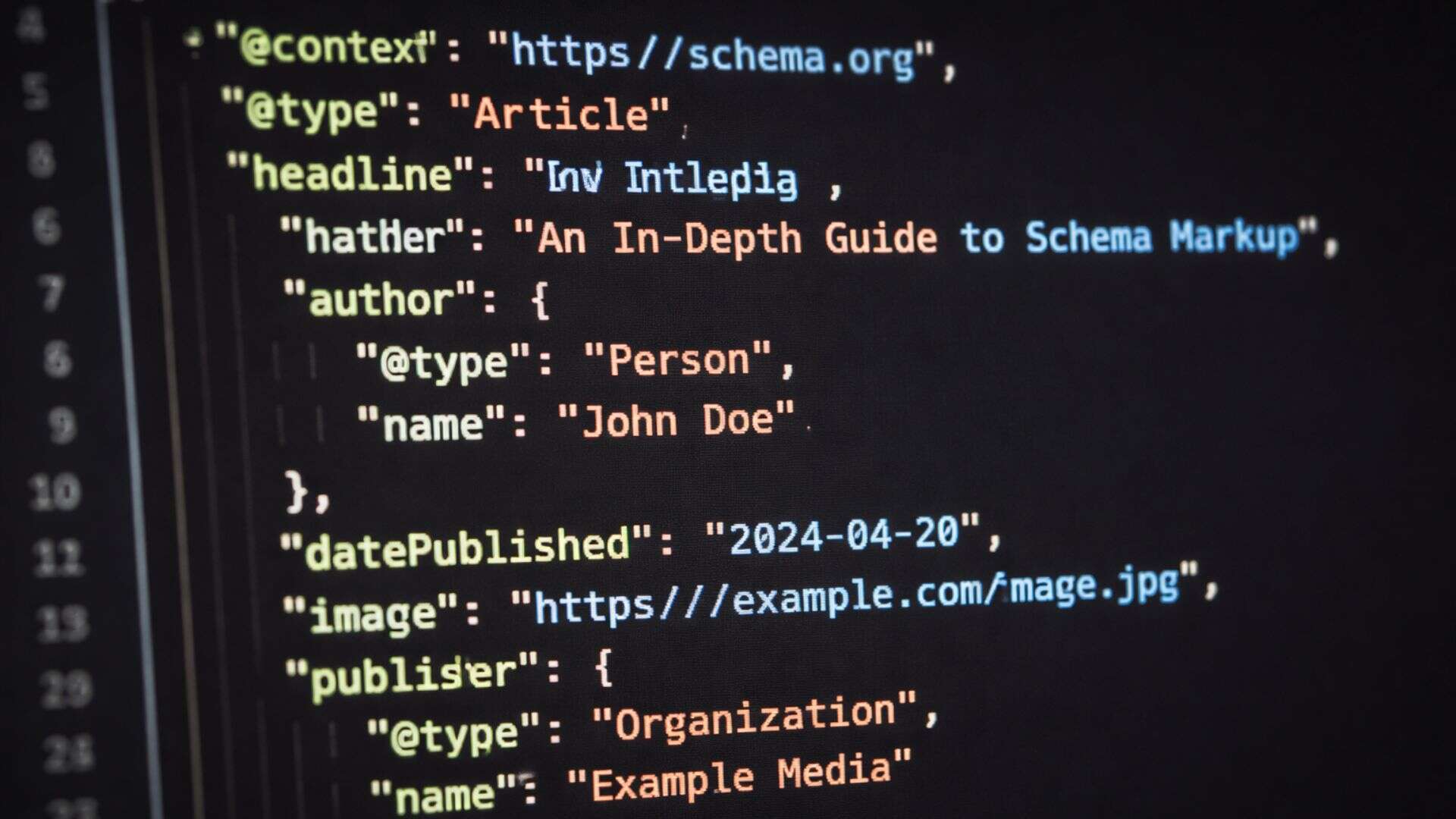 Closeup of schema markup code for personal injury SEO