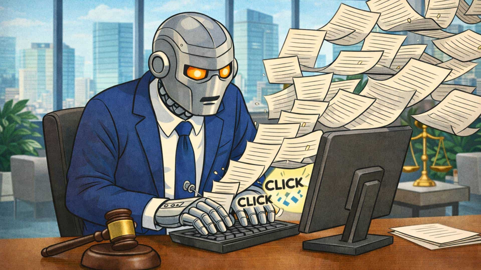 AI robot furiously typing SEO content on a computer for a personal injury firm as papers fly around him