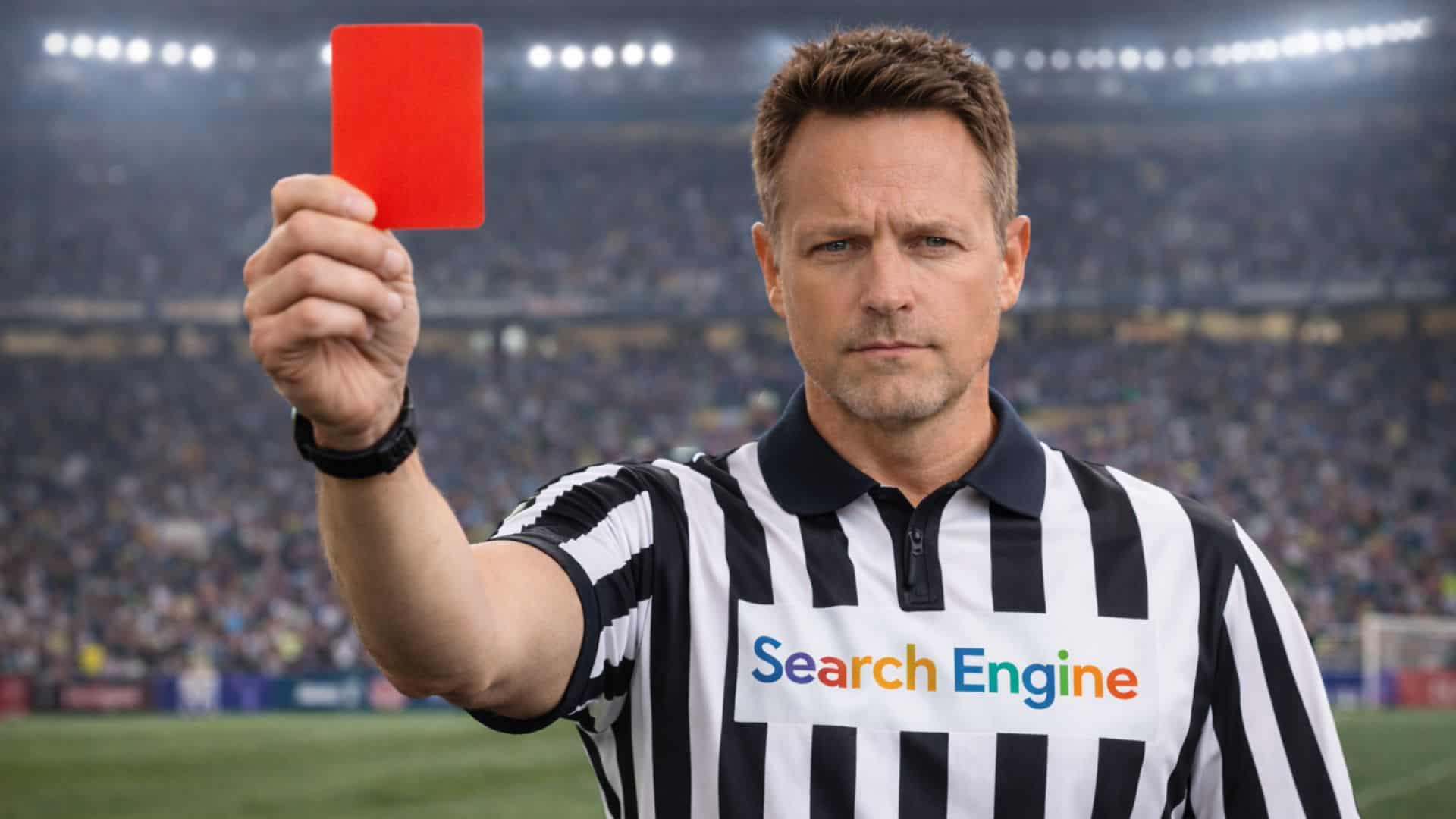 A referee holding up a red card, depicting a search engine giving an SEO penalty