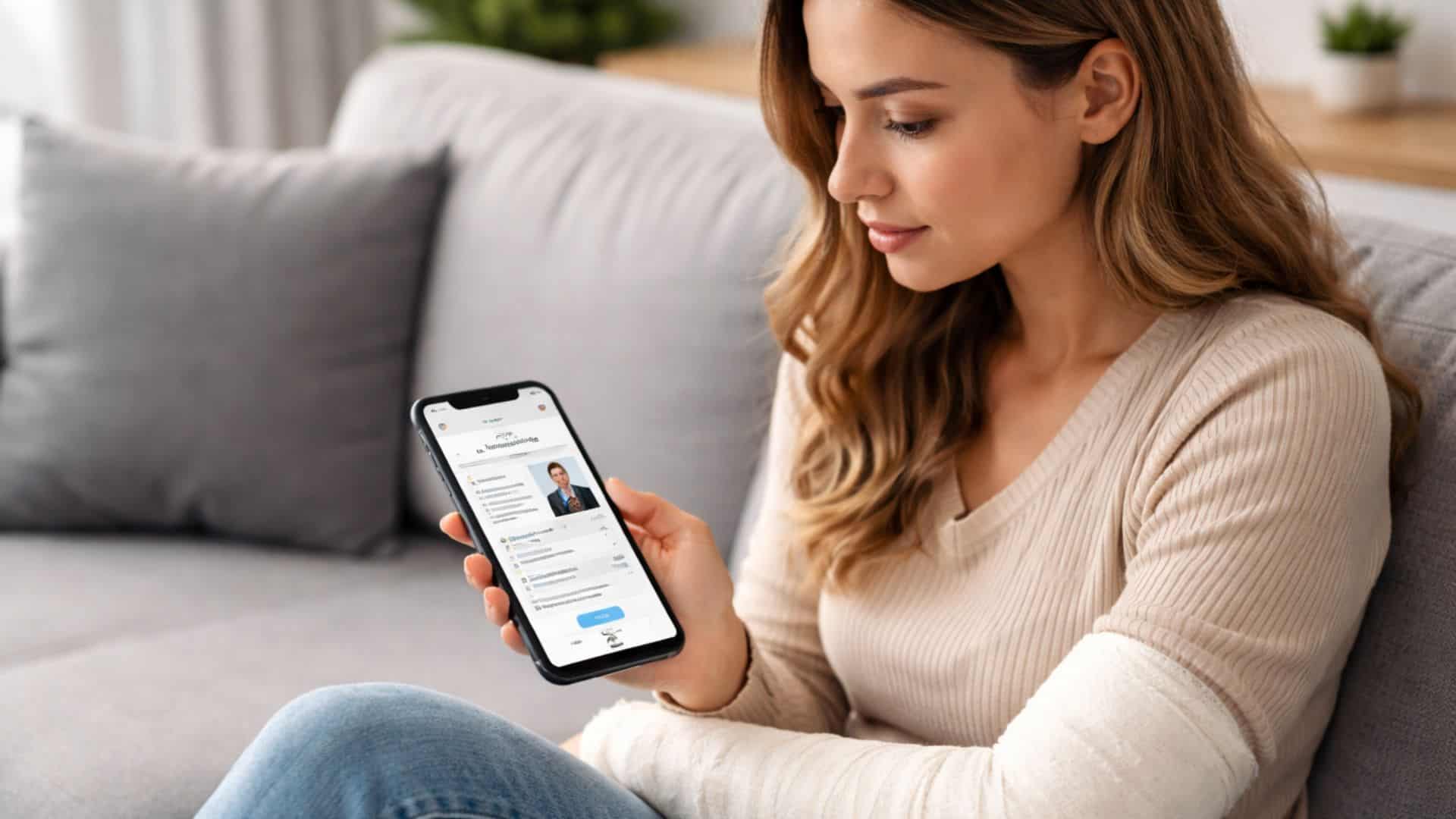 A woman with a cast on her mobile phone looking for a personal injury lawyer