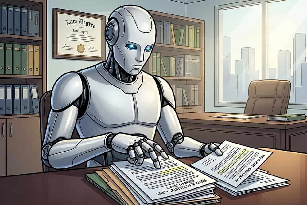 A cartoon of an AI robot looking a papers, deciding what to cite in its responses