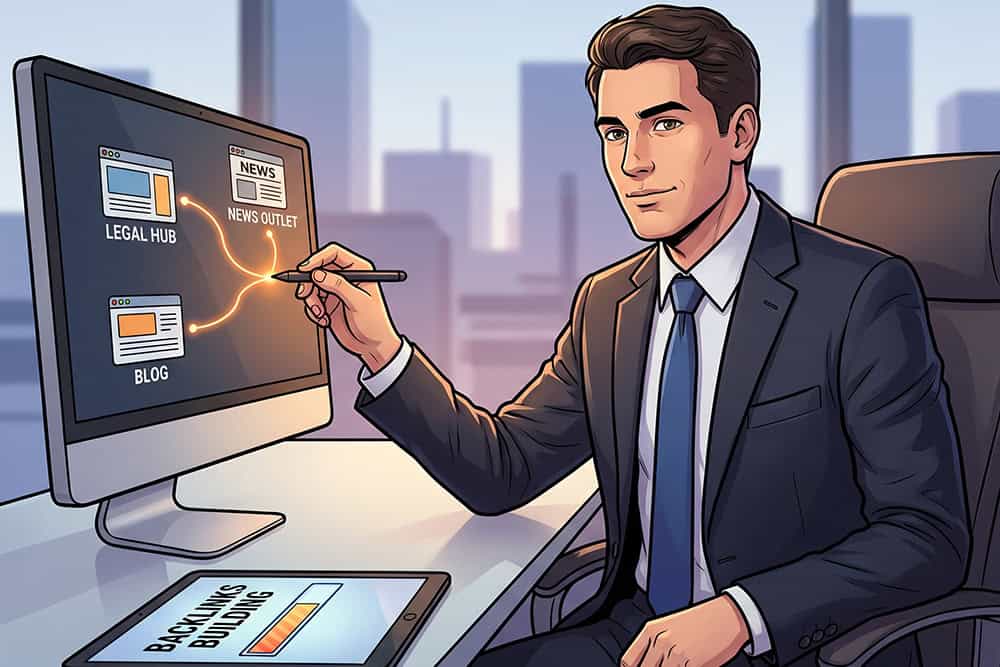 A cartoon of a personal injury lawyer making backlinks for his website