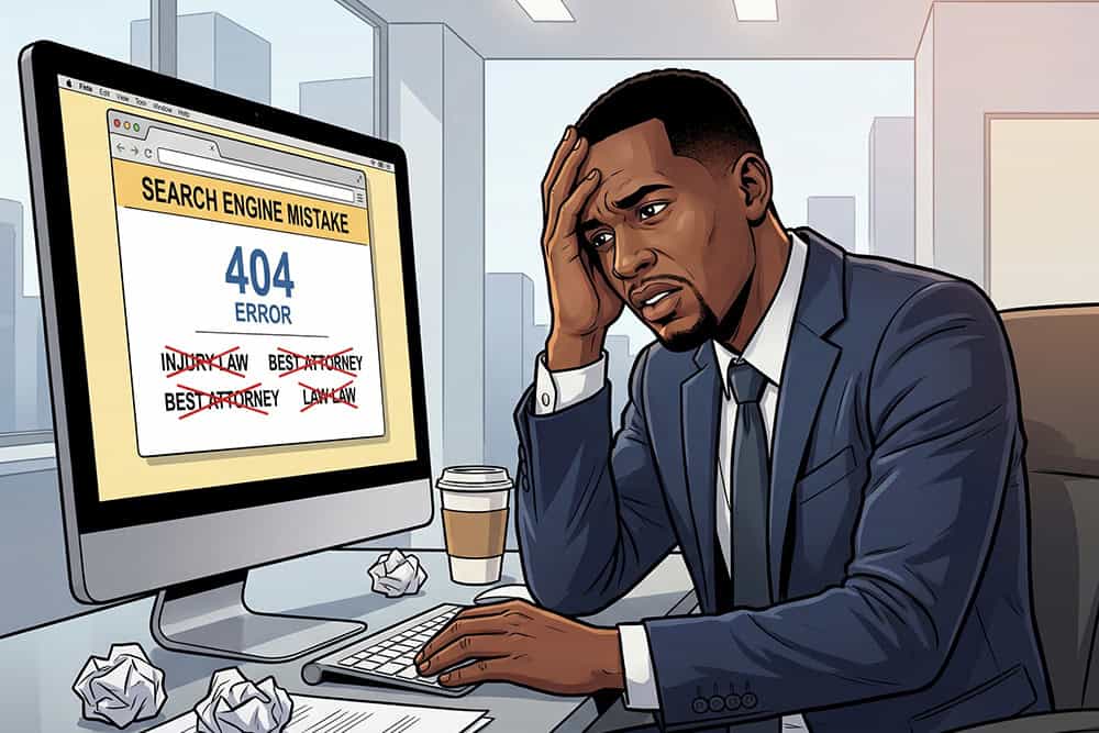 A cartoon of a personal injury lawyer making common SEO mistakes on his website