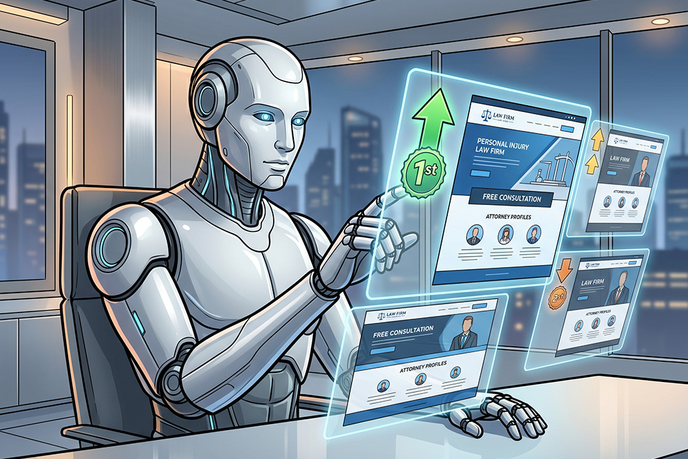 A cartoon of an AI robot deciding who to rank on Google