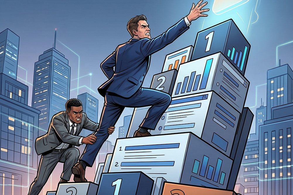 A cartoon of two personal injury lawyers fighting for the top spot on Google search results