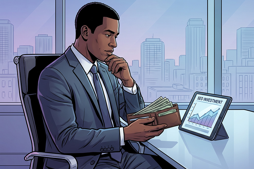 A cartoon of a personal injury lawyer deciding how much money to invest in SEO