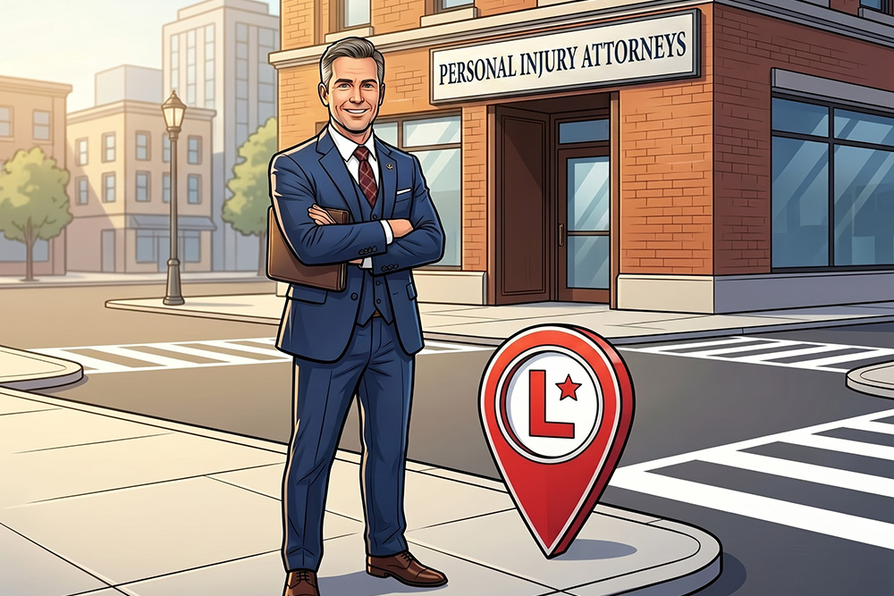 A cartoon of a personal injury lawyer standing outside his office proudly, with a local map pin beside him, depicting local SEO