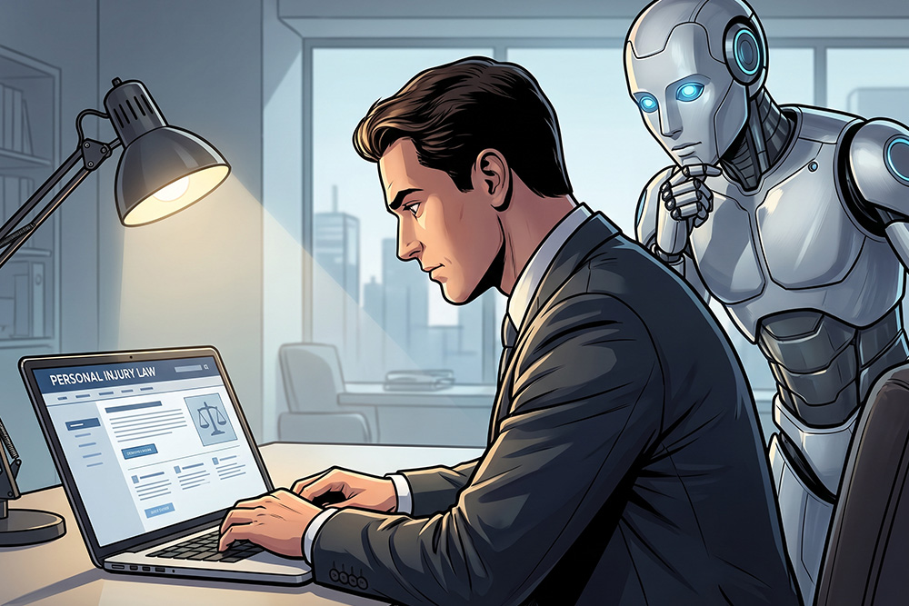 A cartoon of a personal injury lawyer optimizing his website for AI searches while an AI robot supervises over his shoulder