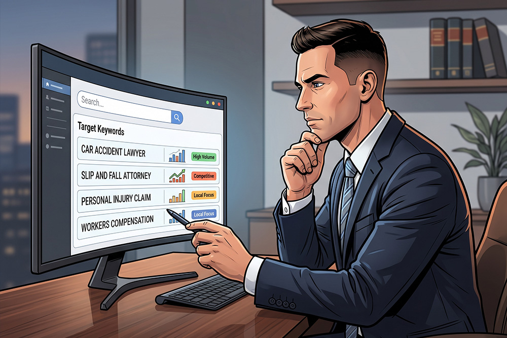 A cartoon of a personal injury lawyer picking keywords to target with his SEO