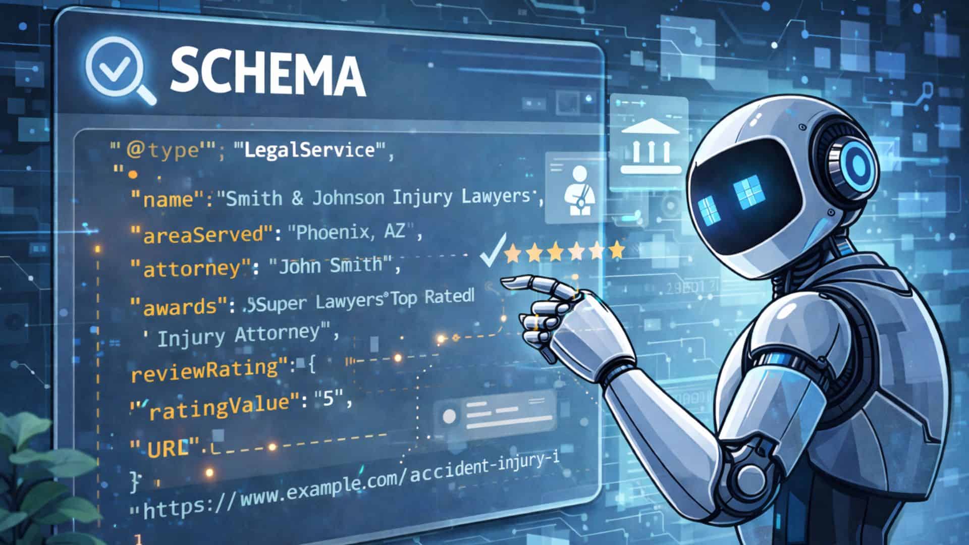 An AI robot examining schema on a personal injury website