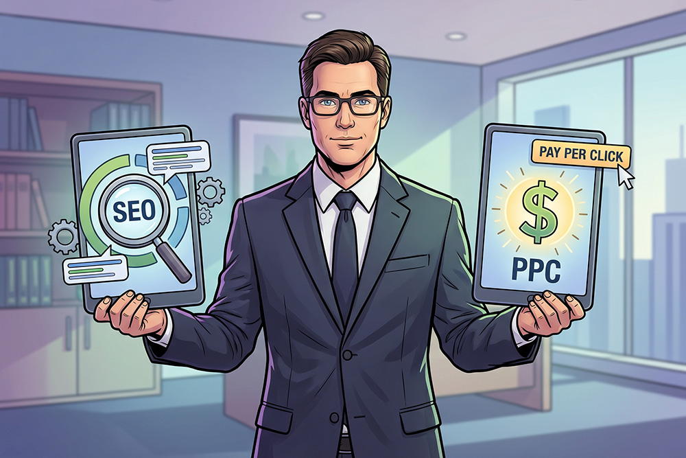 A cartoon of a personal injury lawyer choosing between SEO and PPC