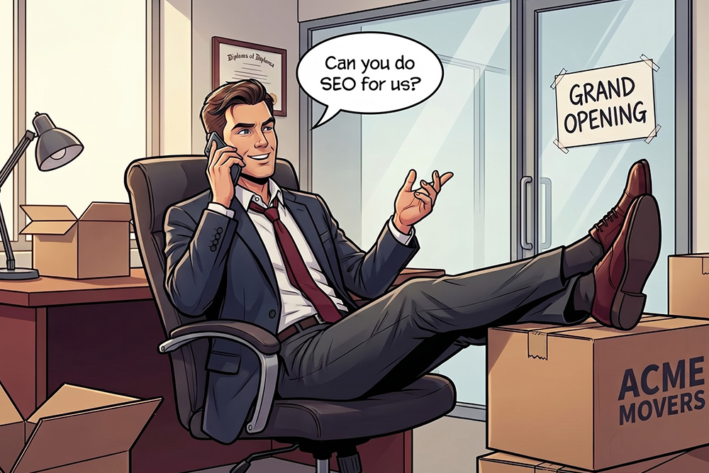 A cartoon of a personal injury lawyer in his new office talking on the phone asking for SEO
