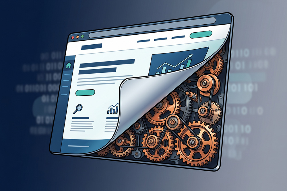 A cartoon of a website with cogs and gears behind it, depicting the technical SEO behind the website