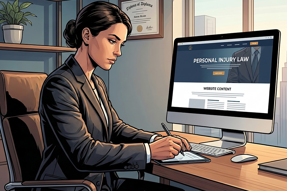 A cartoon of a personal injury lawyer writing content for her website