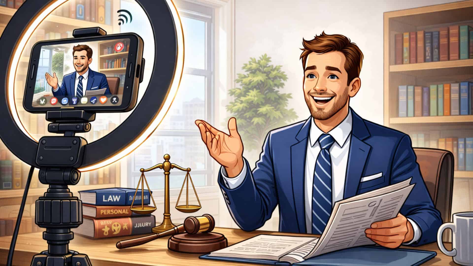 A cartoon style image of a personal injury attorney filming Youtube content