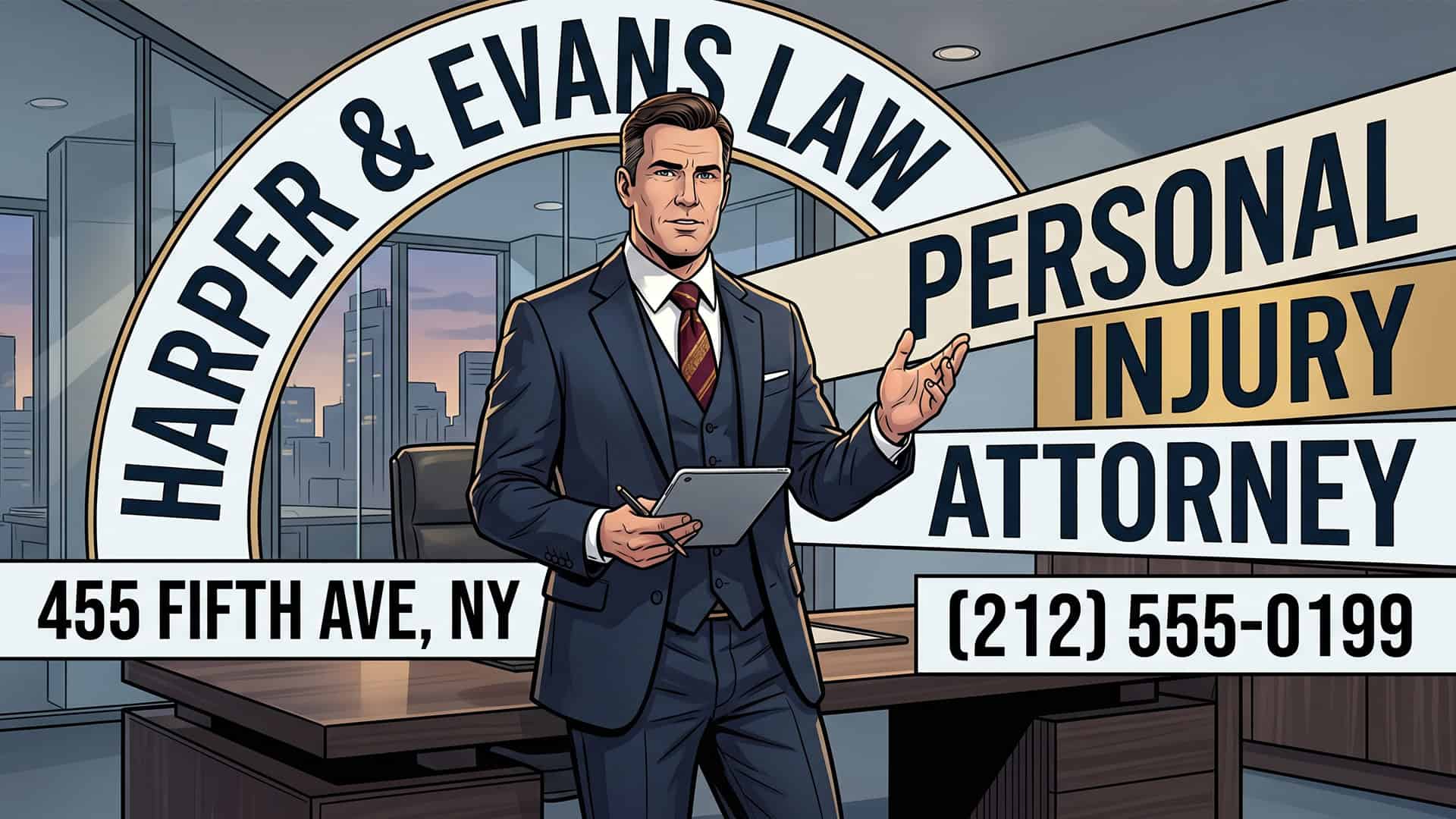 A personal injury lawyer with his firm's Name, Address and Phone Number (NAP) around him