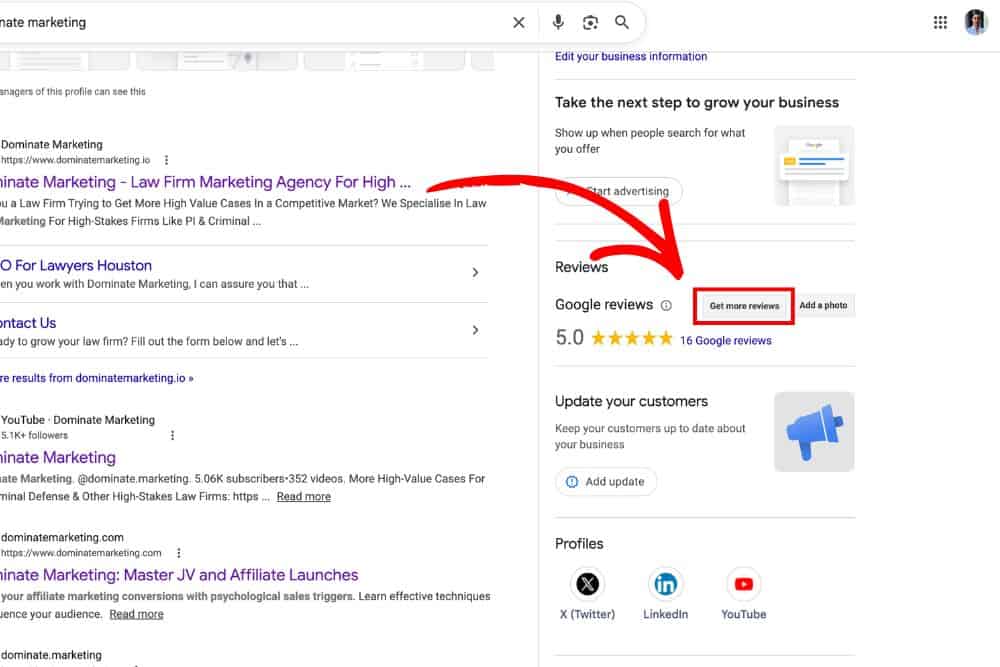 Google Business Profile get more reviews button